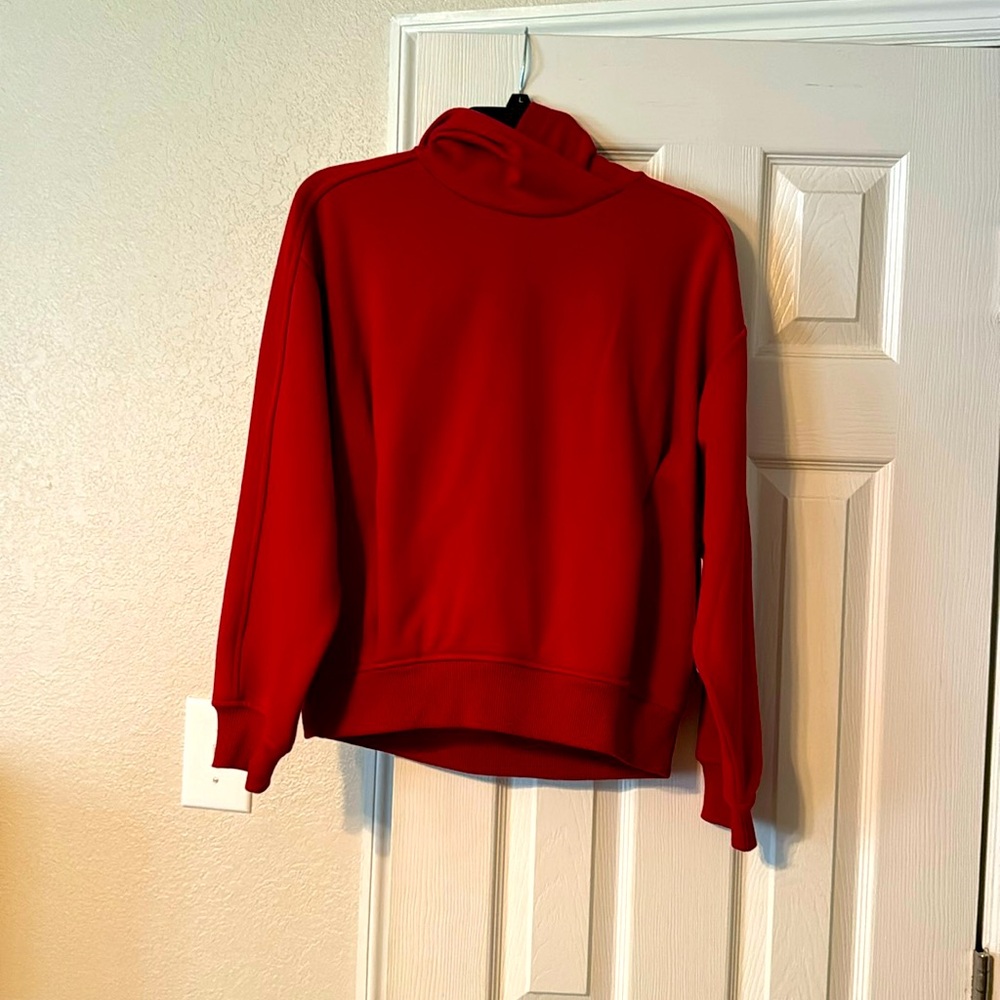 Athleta red hoodie with pocket and made in San Francisco hair fleece lined cozy